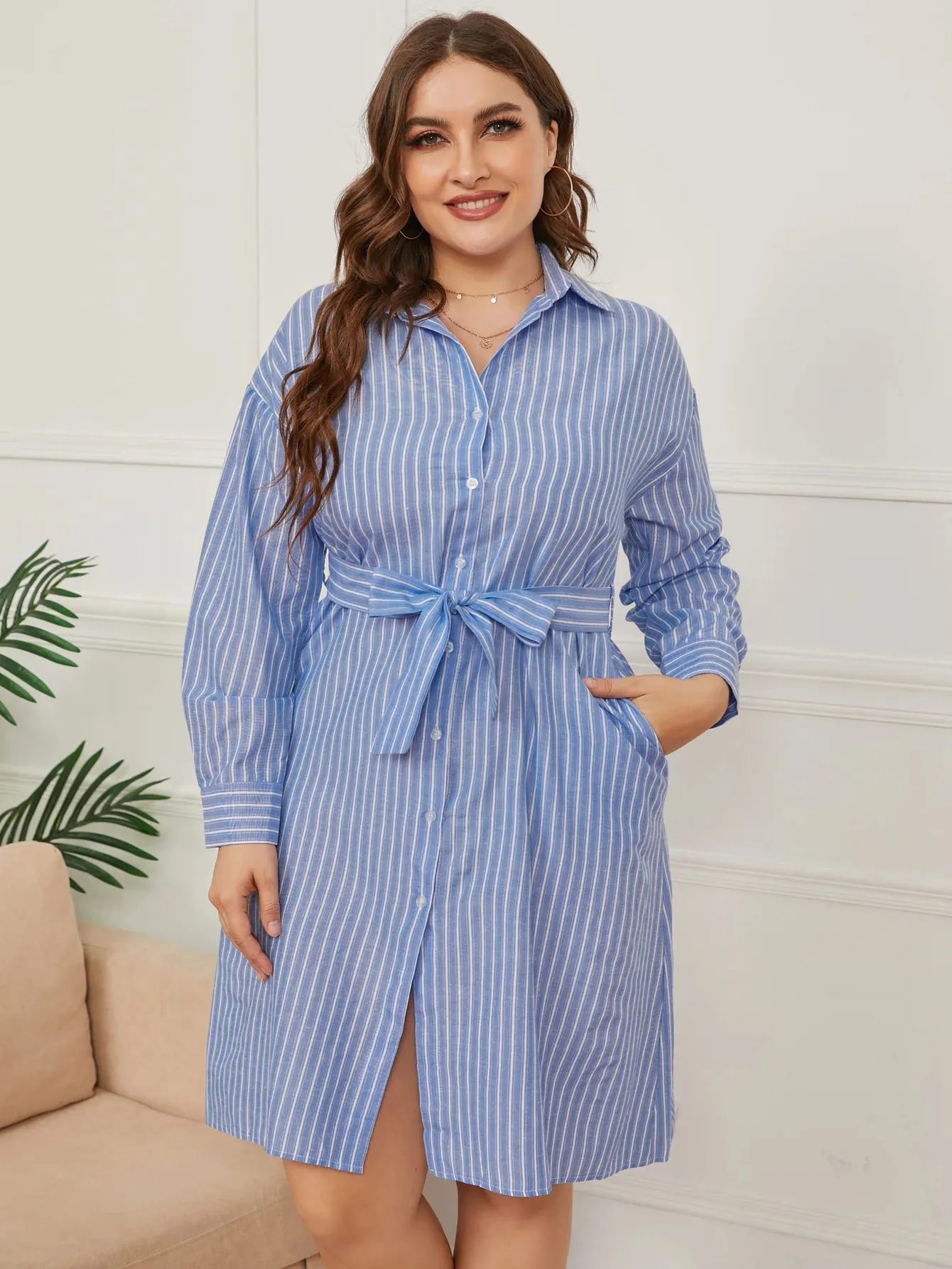 Striped High Waist Shirt Dress - Plus Size Summer clothing for Women, Knee Length Casual Wear with Long Sleeves (240808) Striped High Waist Shirt Dress - Plus Size Summer clothing for Women, Knee Length Casual Wear with Long Sleeves (240808)