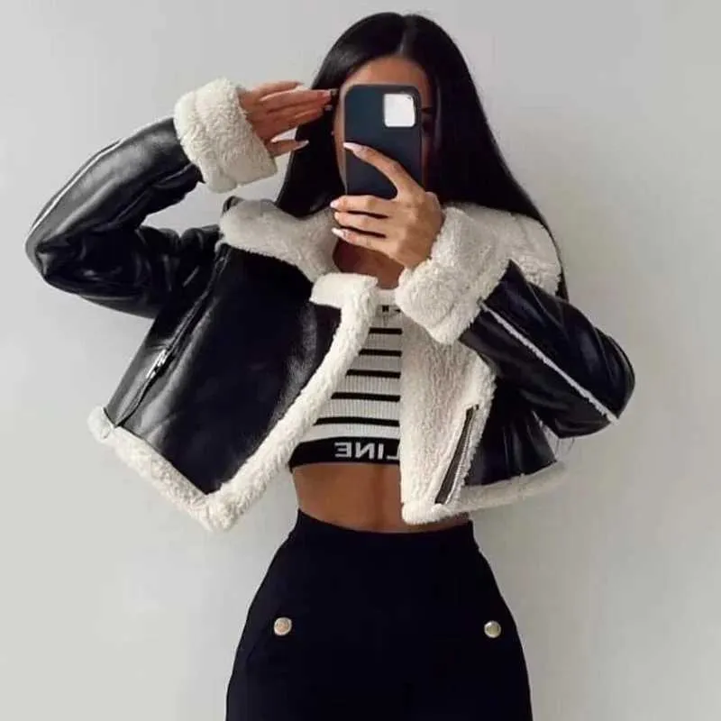 Womens Cropped Jacket - Black Leather & Wool Blend Bomber