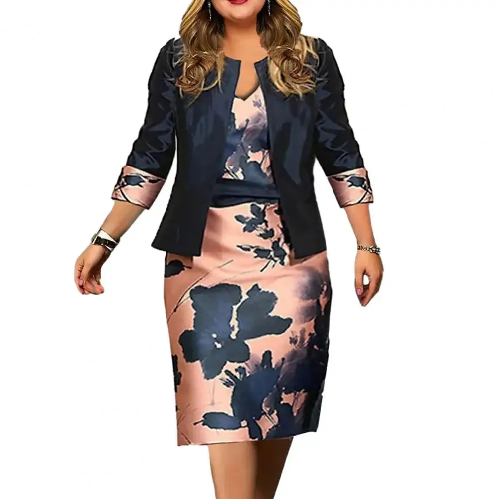Women Coat Dress Suits Set Floral Print Sheath Midi Dress Open