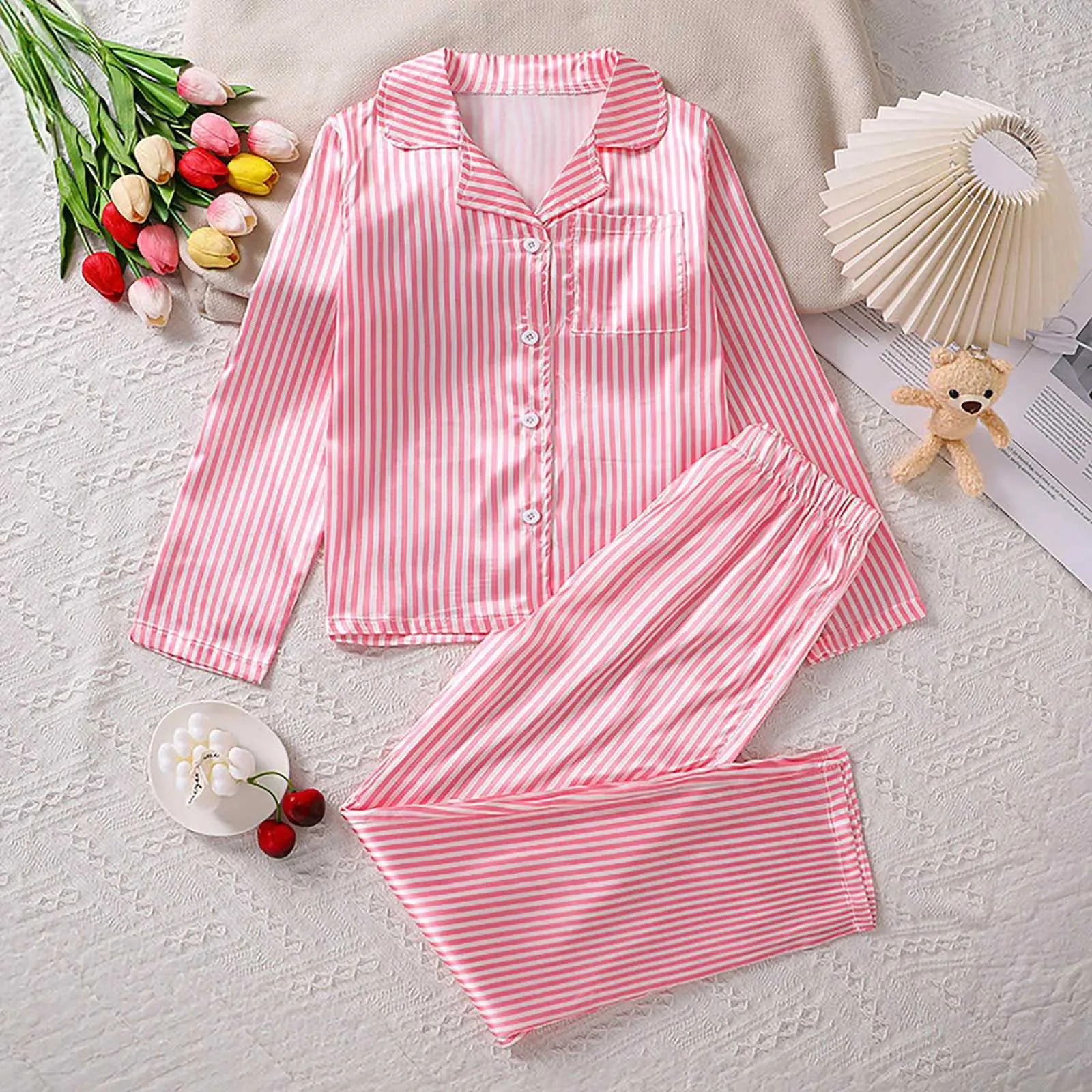 Girls Striped Pajama Set Pink Long Sleeve Kids Sleepwear, V-Neck