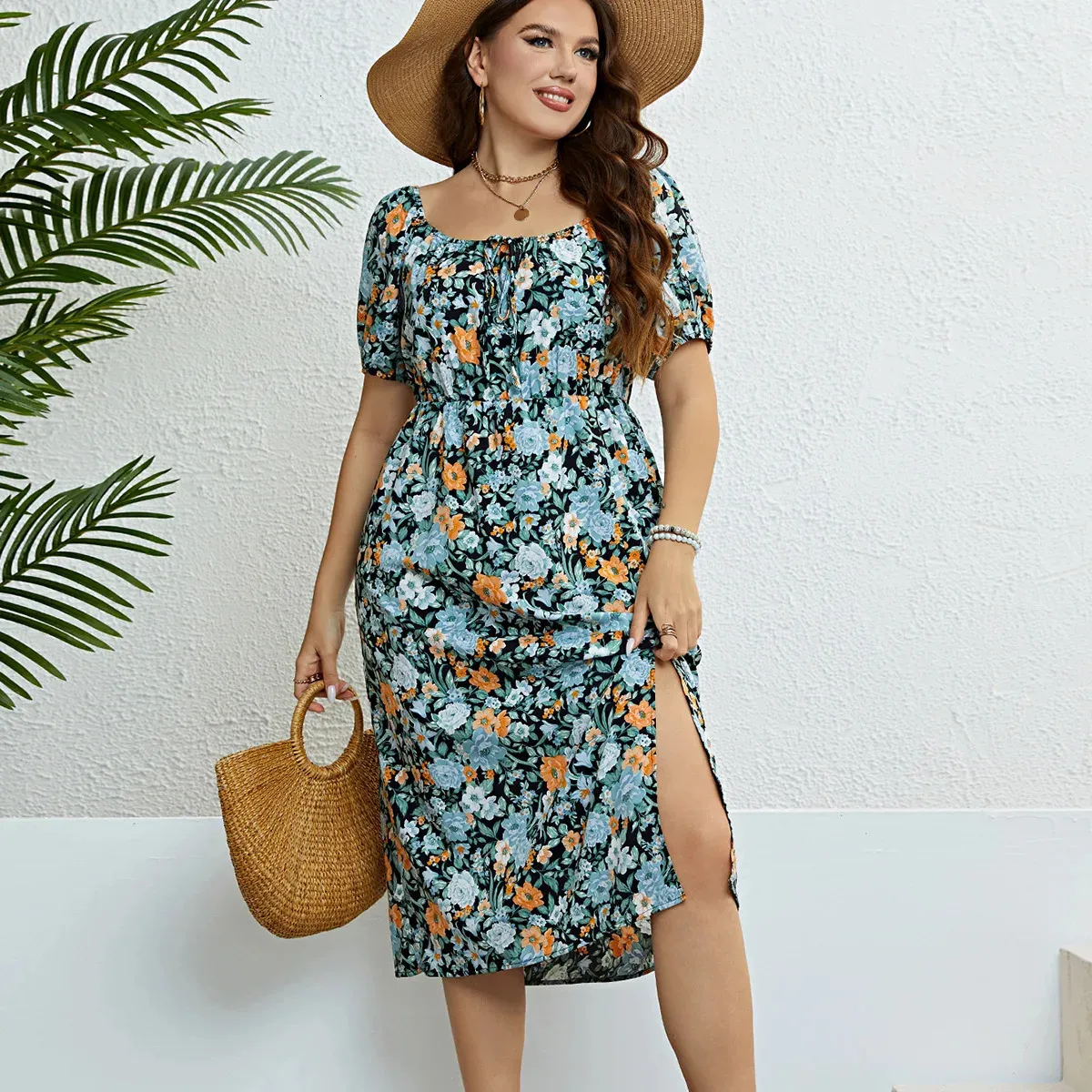 Bohemian Floral Plus Size Dress Womens Knee Length Summer Beach Dress