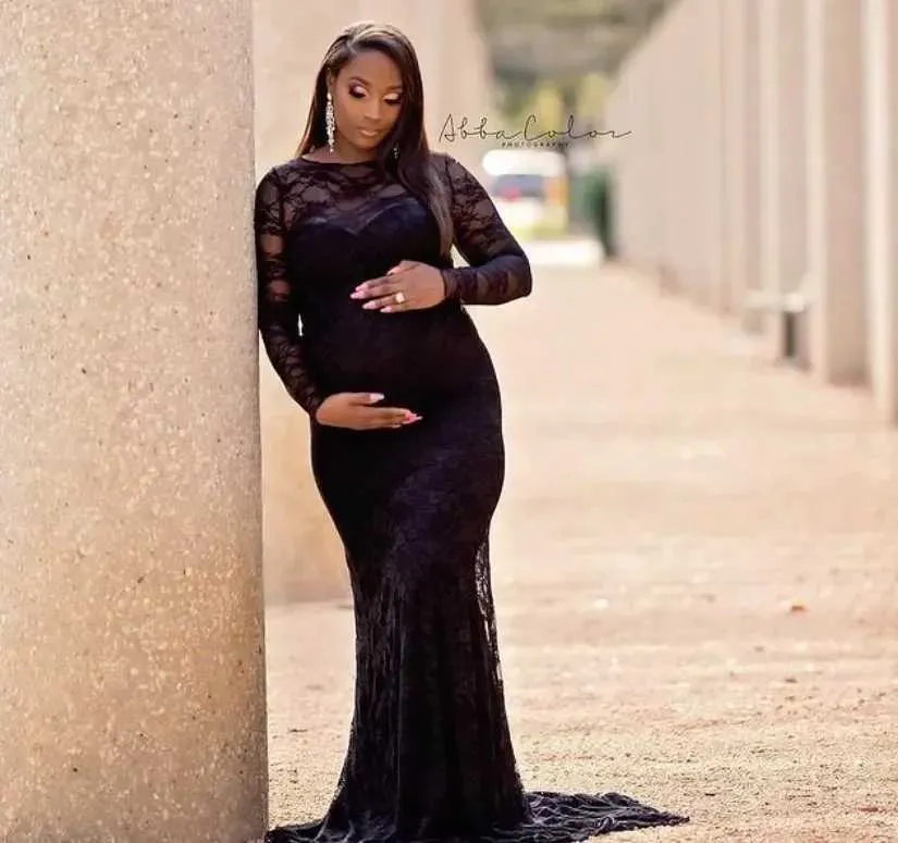 Elegant Maternity Wedding Gown: Long Sleeve Lace Maxi Dress For