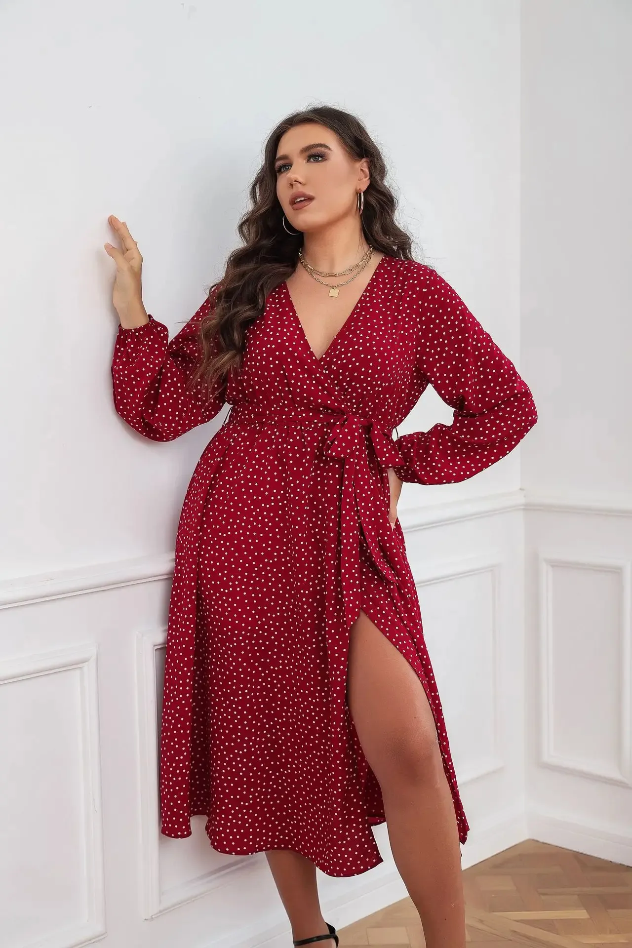 Classic Red Polka Dot Long Sleeve Dress for Women - Plus size, Perfect for Summer, Spring, and Autumn - Style 240808