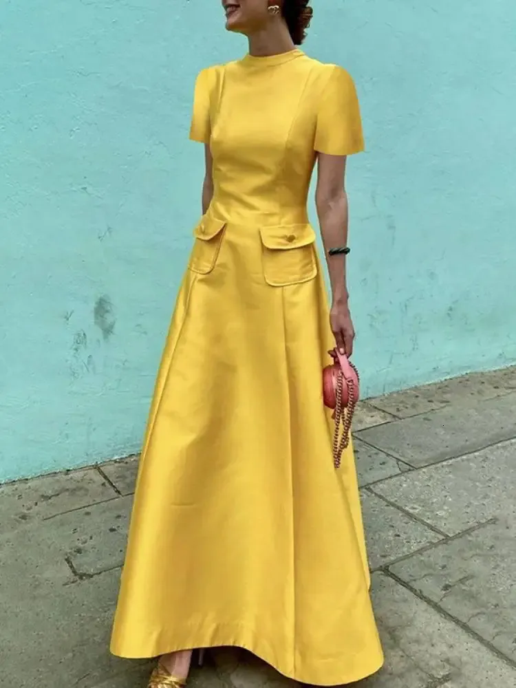 Save Big on Bulk Solid Color Boho Dress Yellow Plus Size Dress Chic Ankle  Length A Line Dress, Round Neck, Short Sleeves, High Waist With Convenient 