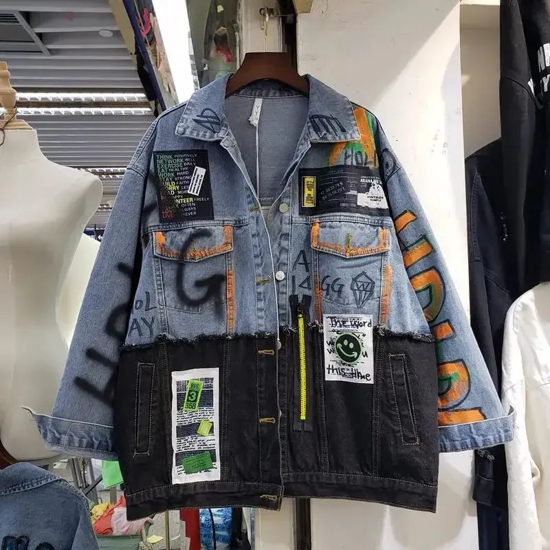 ジャケット・アウター Patchwork Denim Jacket LLA0321 Men's Patchwork Denim Jacket Retro Casual Workwear, Ripped