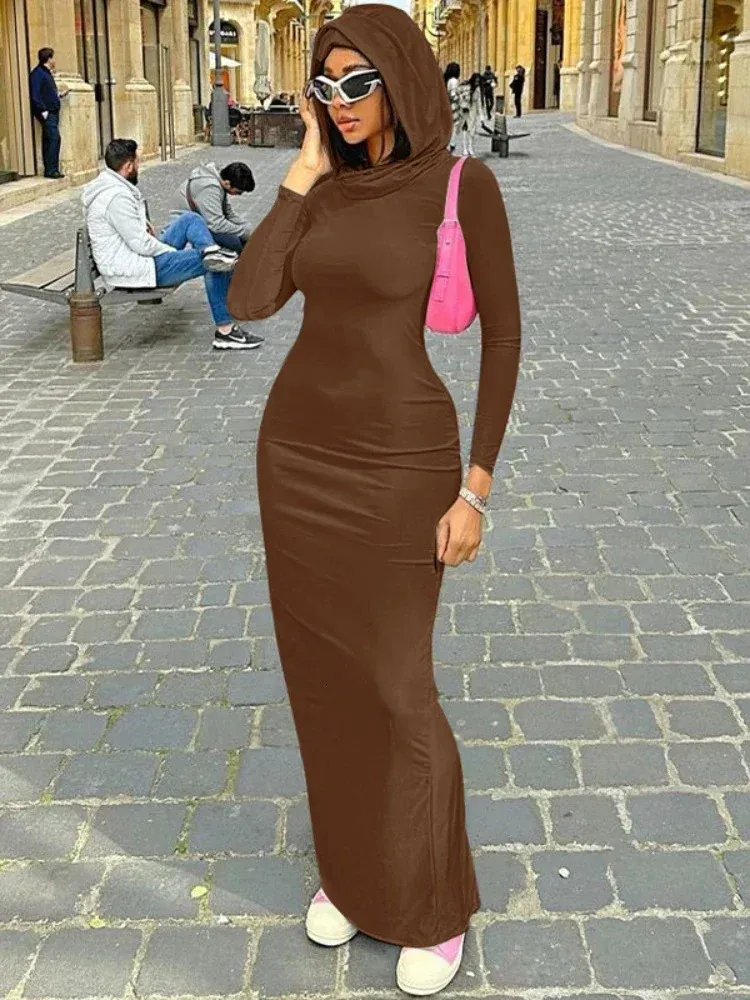 Elegant Fitted Maxi Dress with Hood - Long Sleeves, Back Slit, Bodycon  Style - Shop Now! from Dhgate Urban Sexy Dresses - price 60.64