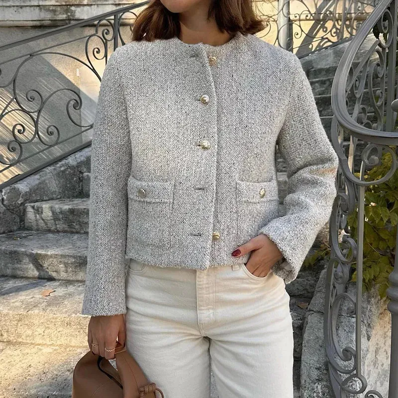 Elegant Tweed Jacket: Women's Single Breasted Wool Coat, Autumn/Winter  Fashion Shop Now!