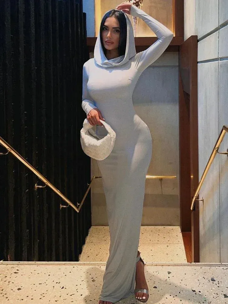BOOFEENAA Hooded Long Sleeves Fitted Dress For Women Elegant