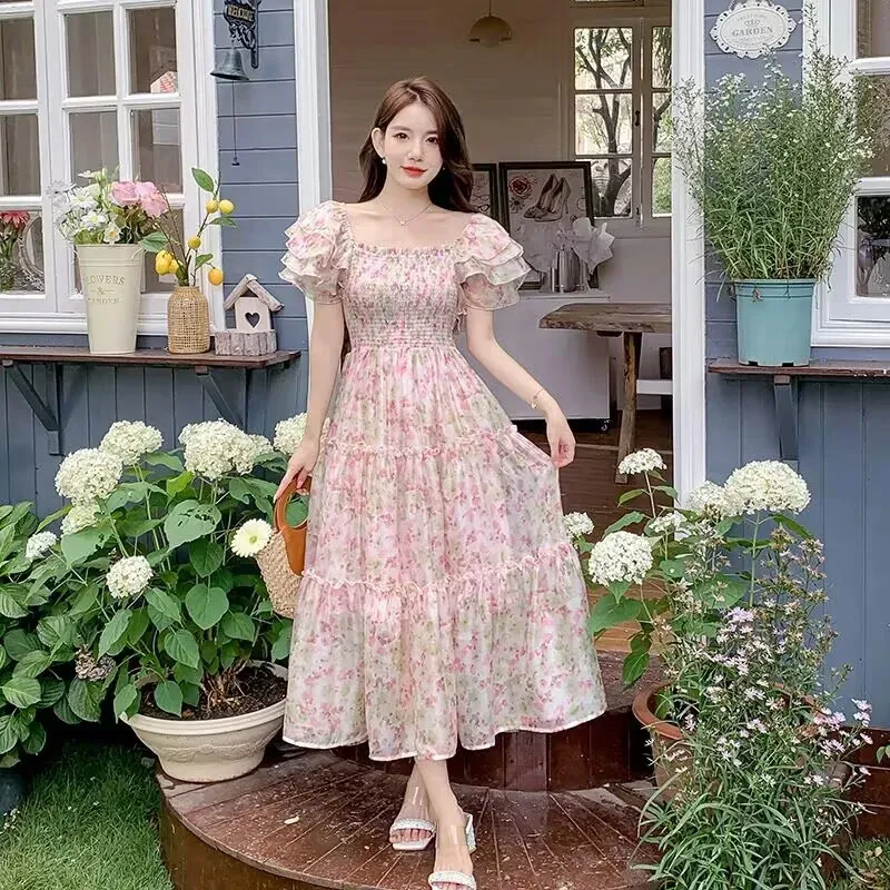 French Style Butterfly Print Pleated Long white dress with French Style Butterfly Print Pleated Long white dress with