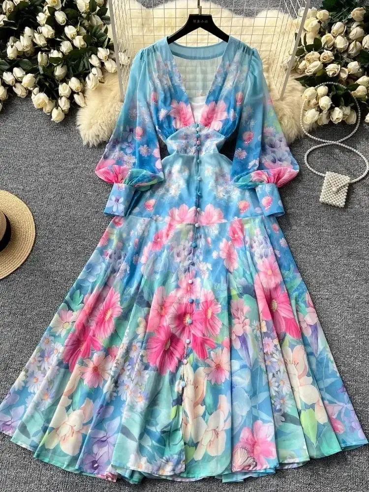 Herlipto★Autumn Floral Chiffon Dress tuduoms Women Floral Chiffon Dress Off Shoulder Smocked