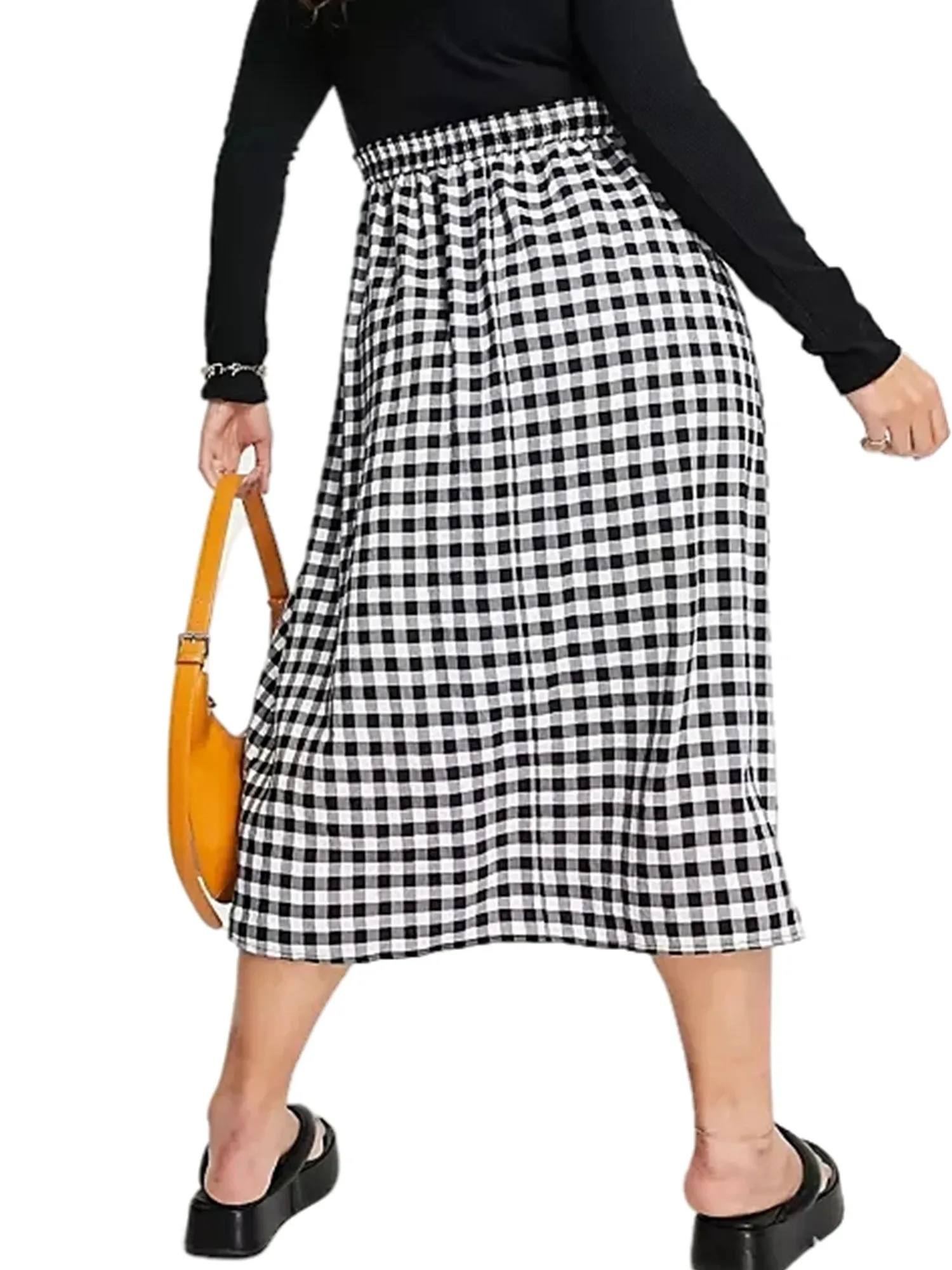 Women s 2024 Summer Plus Size Casual A line Plaid Midi Skirt with Front Pockets 4XL 6XL
