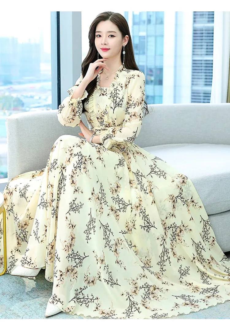 Floral Long Sleeve Chiffon Floor-Length Dress with Zipper Closure for Women  from Dhgate Basic & Casual Dresses - price 86.89