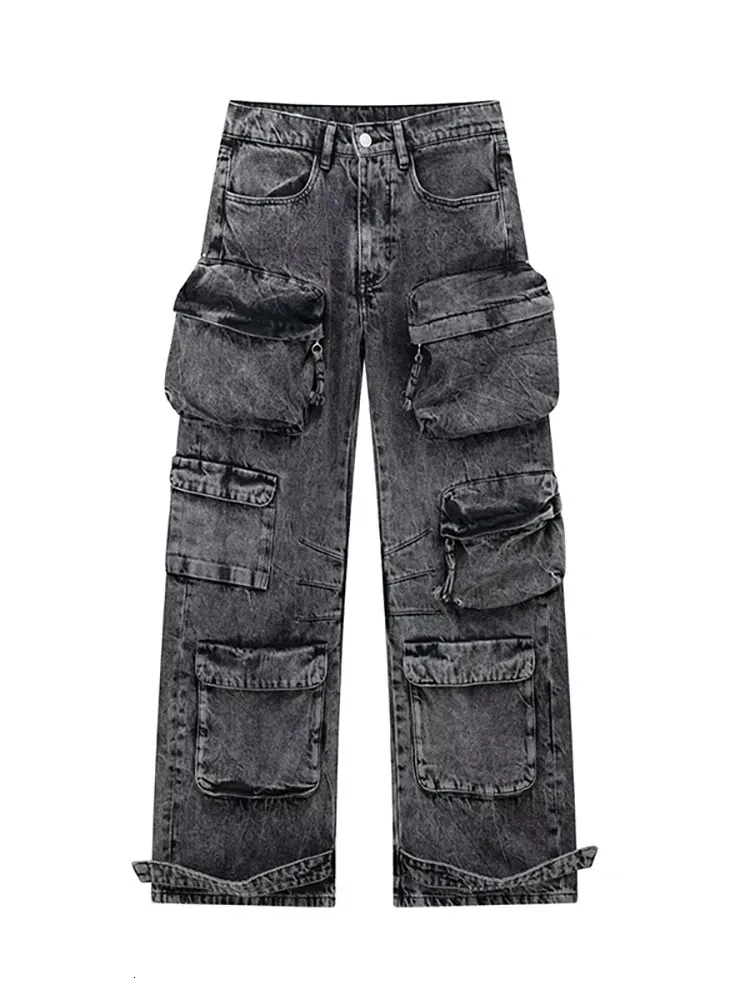 High Waist Denim Pants: Womens Straight Leg Cargo Jeans