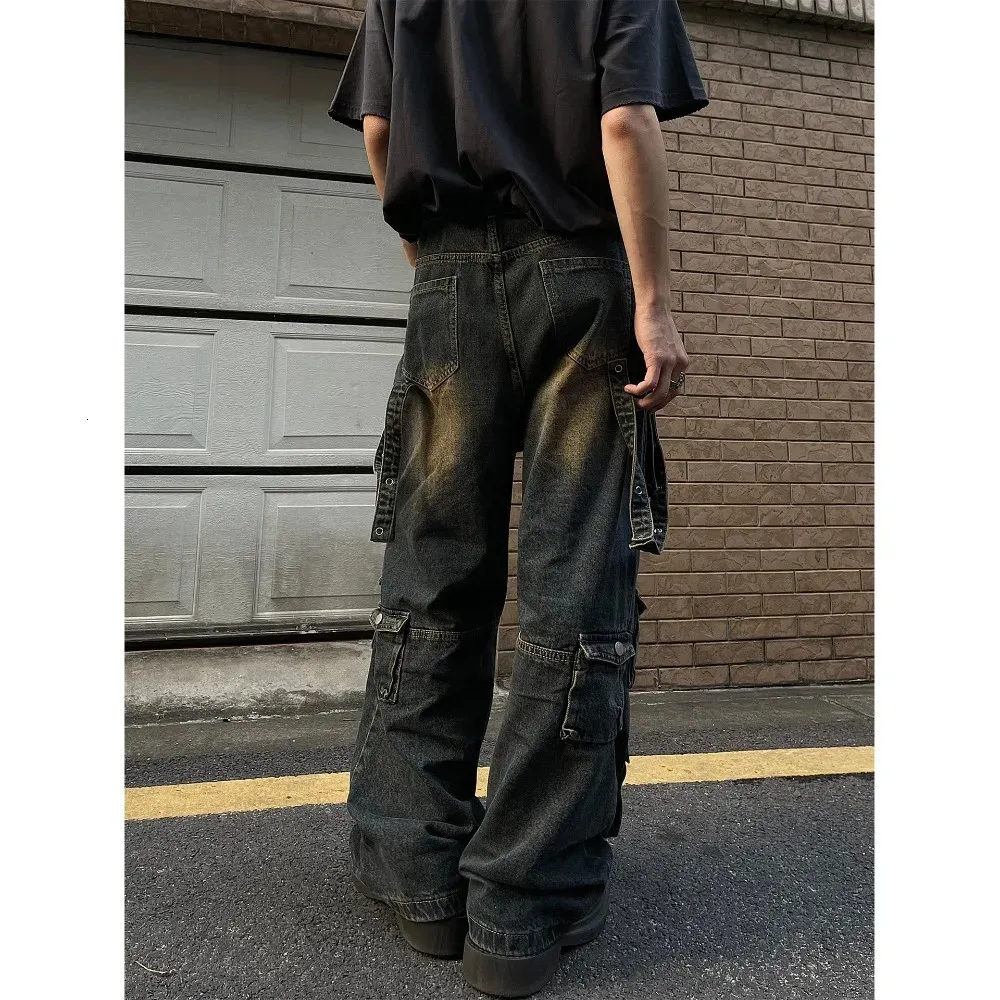2024 Vintage Yellow Mud Multi Pocket Cargo Jeans For Men And Women