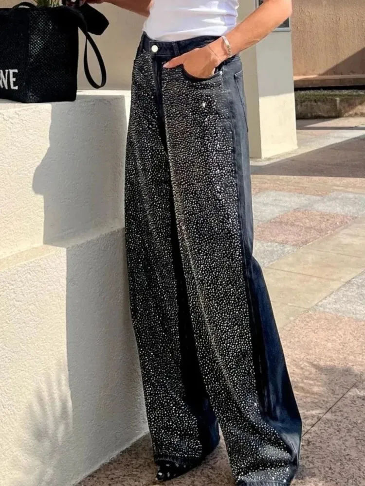 Casual Street Sequins Loose High Waist Straight Patchwork Bottoms Casual Street Sequins Loose High Waist Straight Patchwork Bottoms