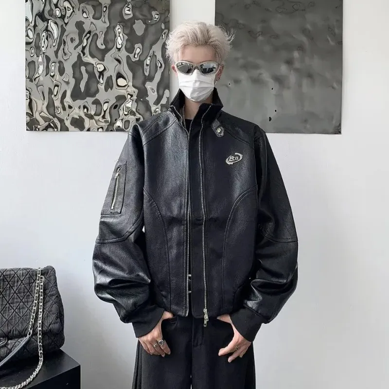 ジャケット・アウター Black Punk High Street Leather Jacket Jaqueta De Couro Punk Masculina Colar De Stand Up, De $190,3
