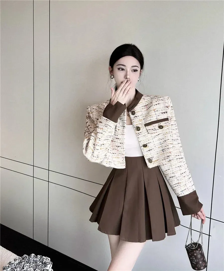 スーツ Pastel Flat Collar Tweed Jacket + Flared Skirt SET French Vintage Fashion Short Tweed jackets for women and
