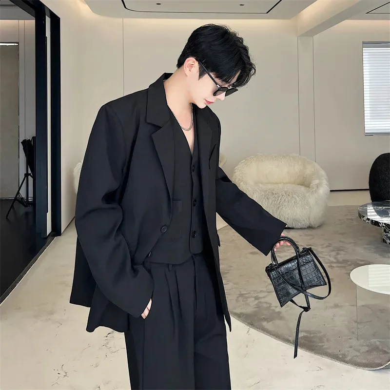 Premium Wide Leg Pants Set: 3-Piece Black Blazer & Casual Jacket