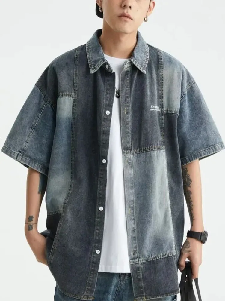 Jeans Summer Cardigan Mens Summer Retro Japanese Style Short Sleeved Shirt Patchwork Denim
