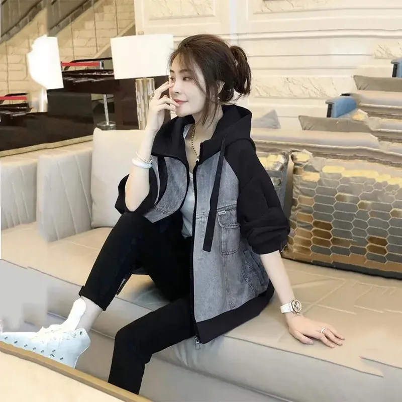 Womens Denim Jacket With Hood Patchwork Denim Hoodie Jacket Women