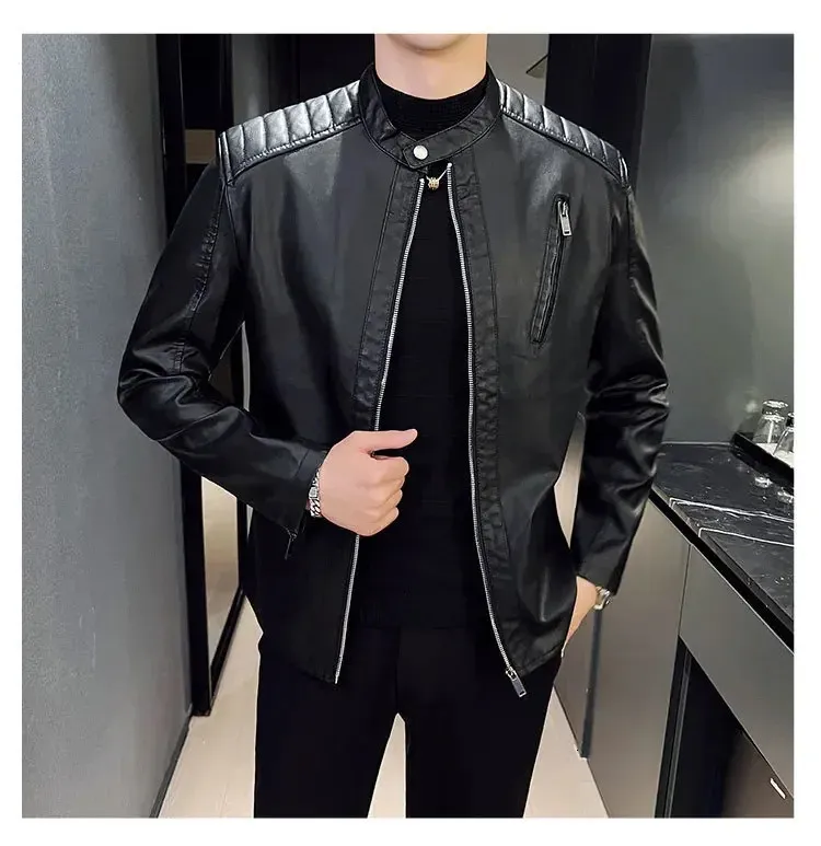 White Leather Jacket Men Motorcycle Jacket With Stand Collar Solid Color Zipper Closure PU Material Ideal For Spring And Autumn Style 240808 From Domainstore 30.68 DHgate.Com