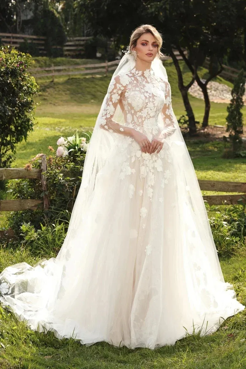 vintage style high neck wedding dress Buy Lace A Line Gown With Puff Sleeves Online in India Crafted with luxurious White Modest Lace Wedding Dress