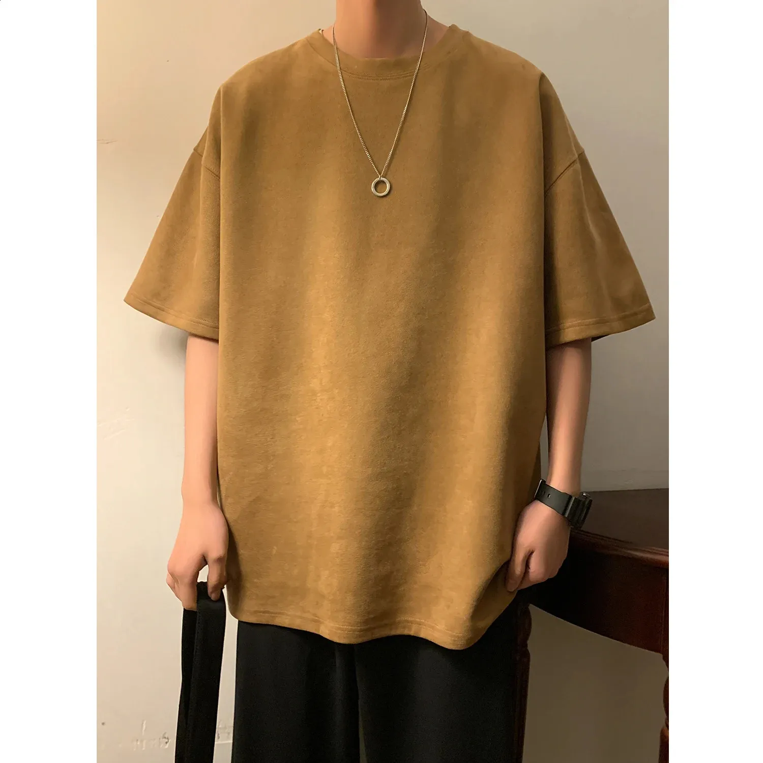 Wholesale Mens Streetwear T Shirt Oversized Green Suede