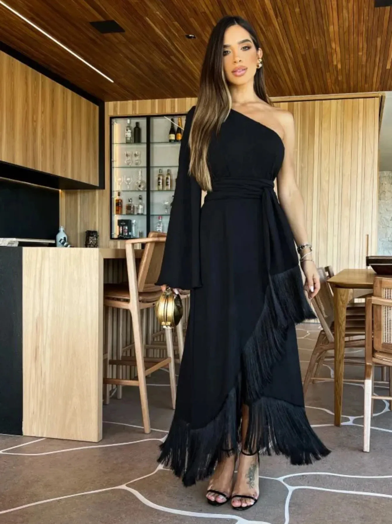 Elegant One Shoulder Evening Dress with Ruffled Tassel Skirt and Slit