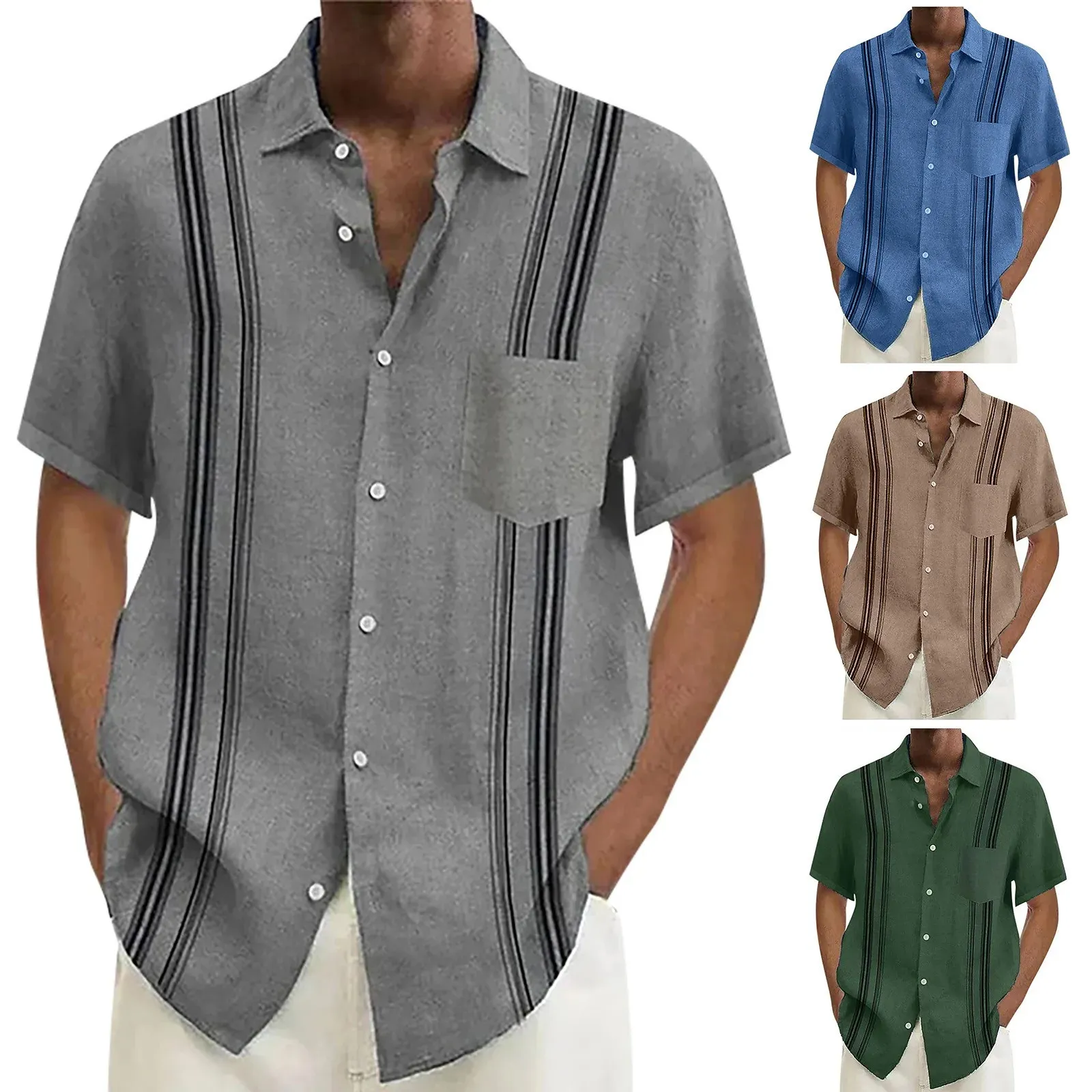 Mens Casual Short Sleeve Button Down Shirt - Premium Cotton Linen Blend ...