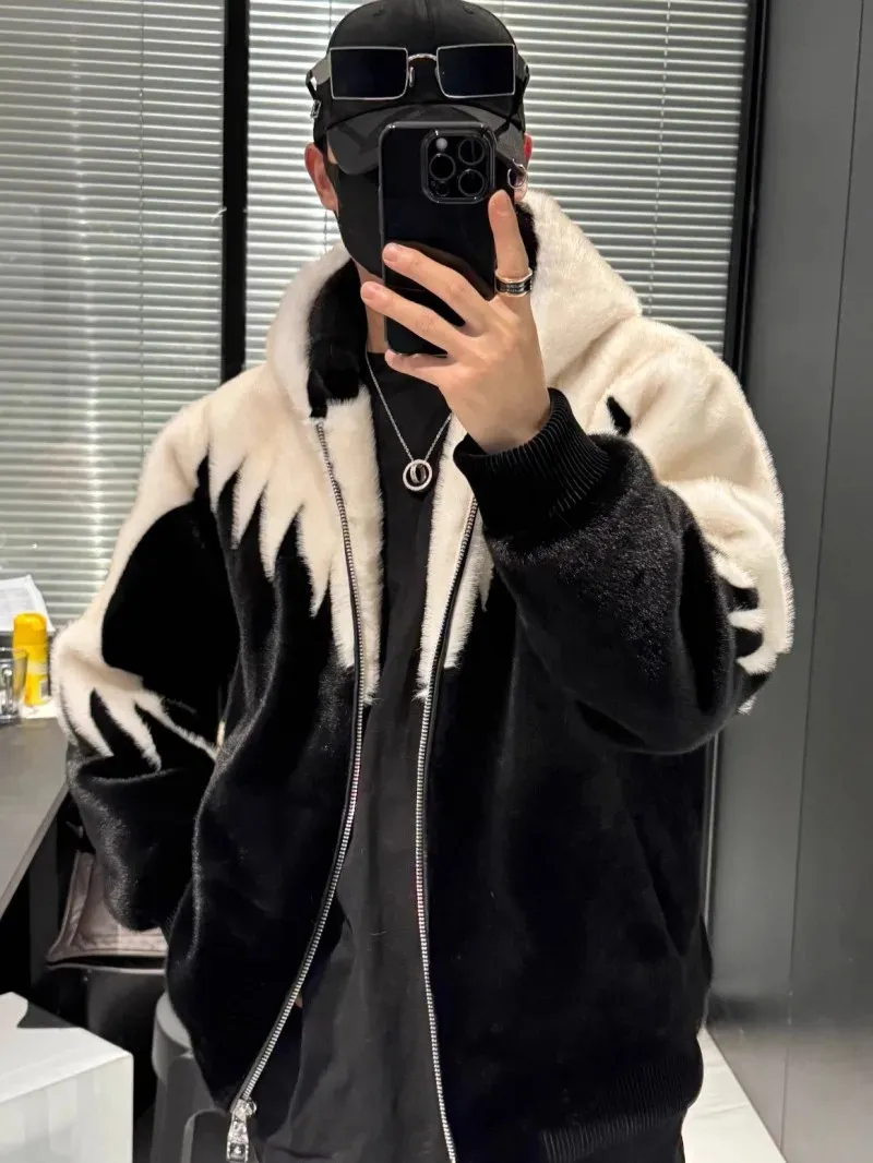 Winter Faux Fur Mens Hooded Jacket Zipper Closure Thick Warm Fur