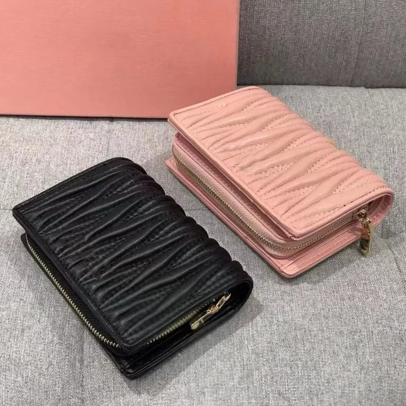 Women Short Wallets Card Holder Designer Mini Purses Black Pink New Ladies Fashion Pleated Wallet Coin Purse Zipper Closure