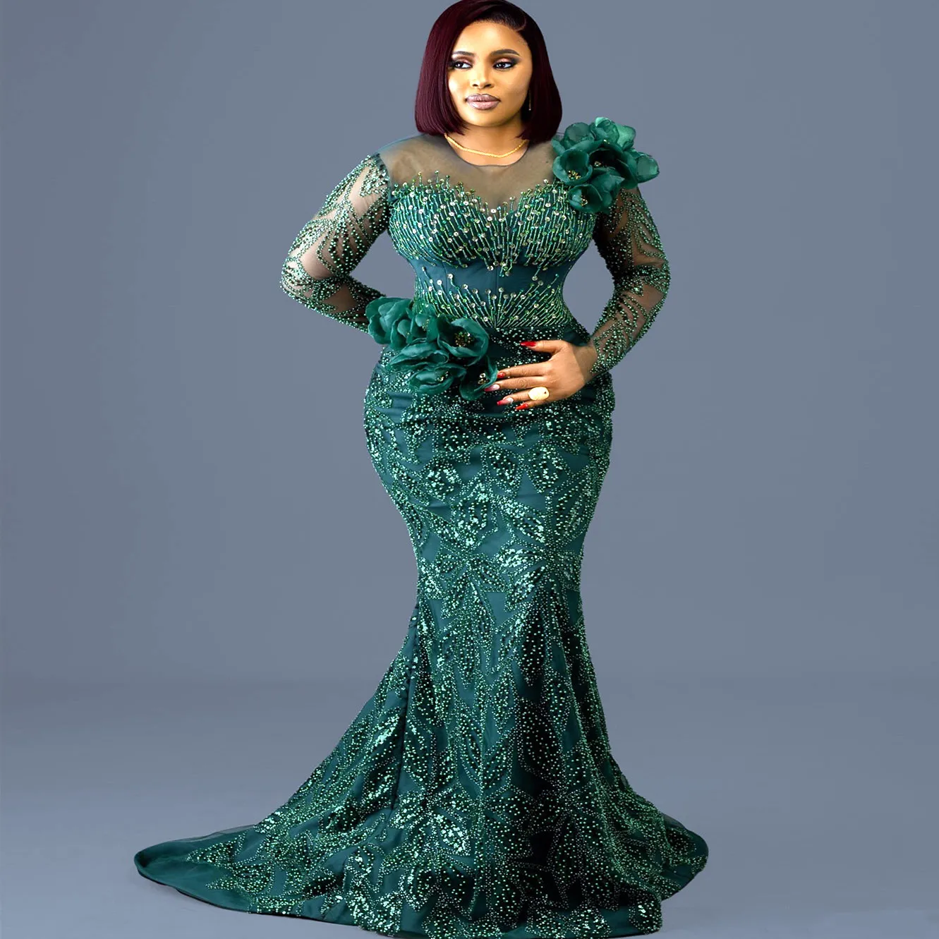 Formal Emerald Green Gowns With Sleeves Plus Size Dark Green Mermaid Prom  Dress With Lace-up