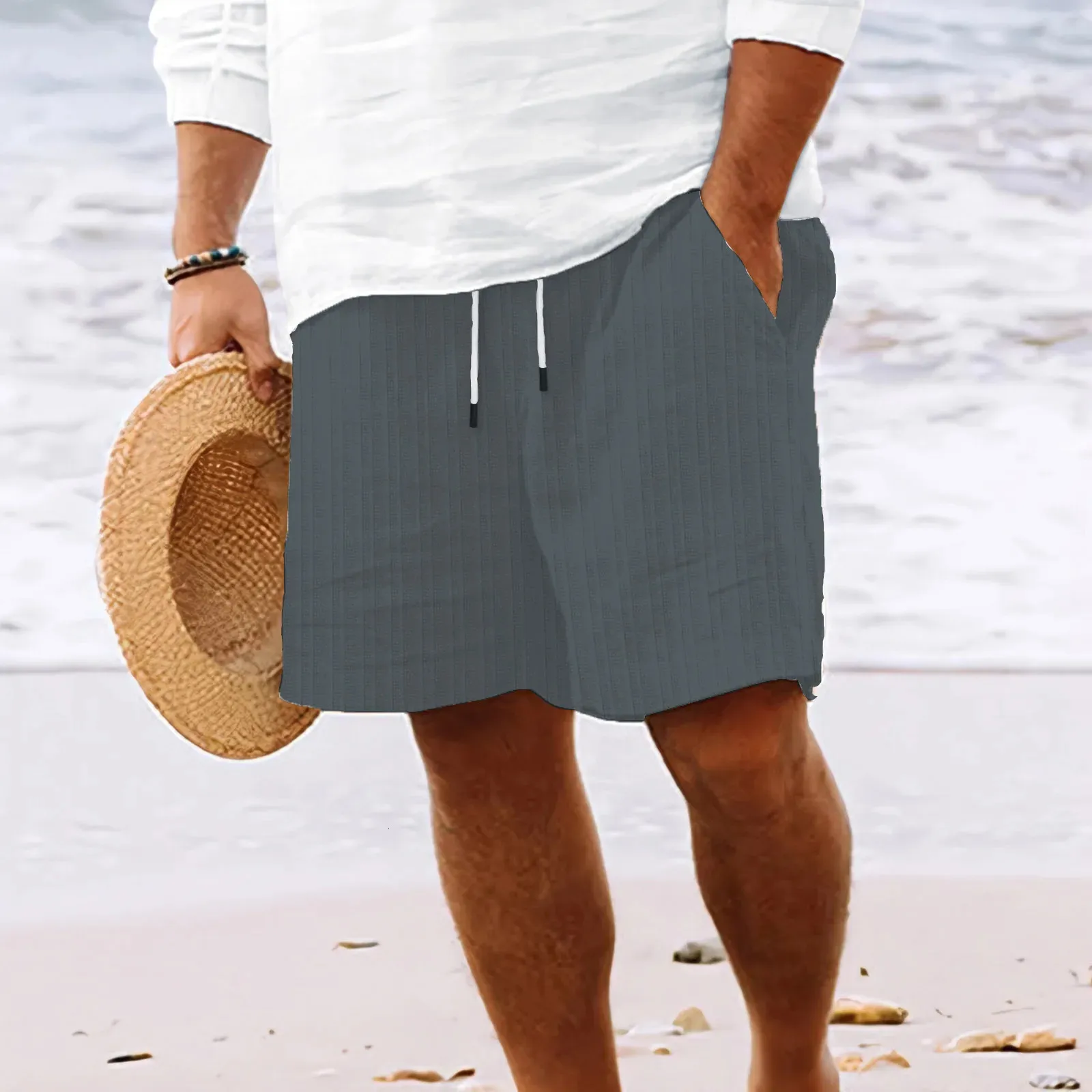 Men's breathable cotton linen drawstring casual shorts cheap