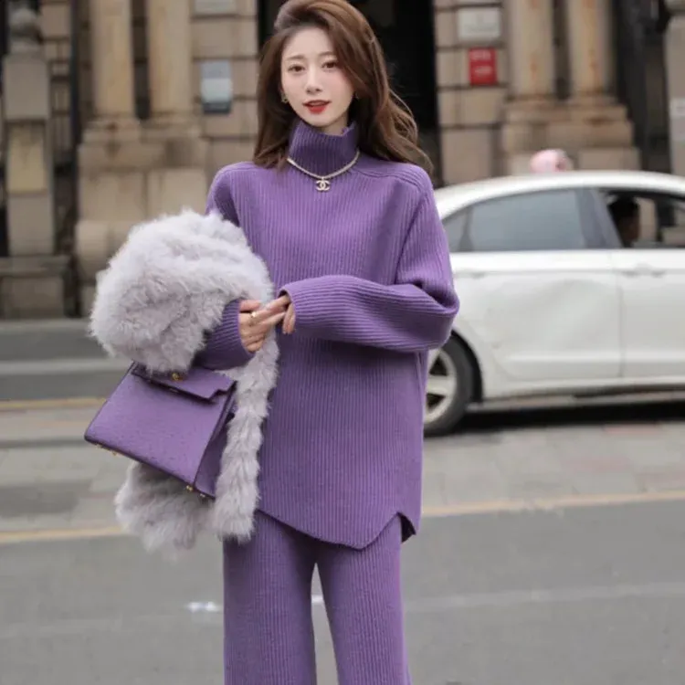 Yeshire Women's 2 Piece Turtleneck Loungewear Set - Purple Tracksuit With Pullover & Pants, Small - View #2
