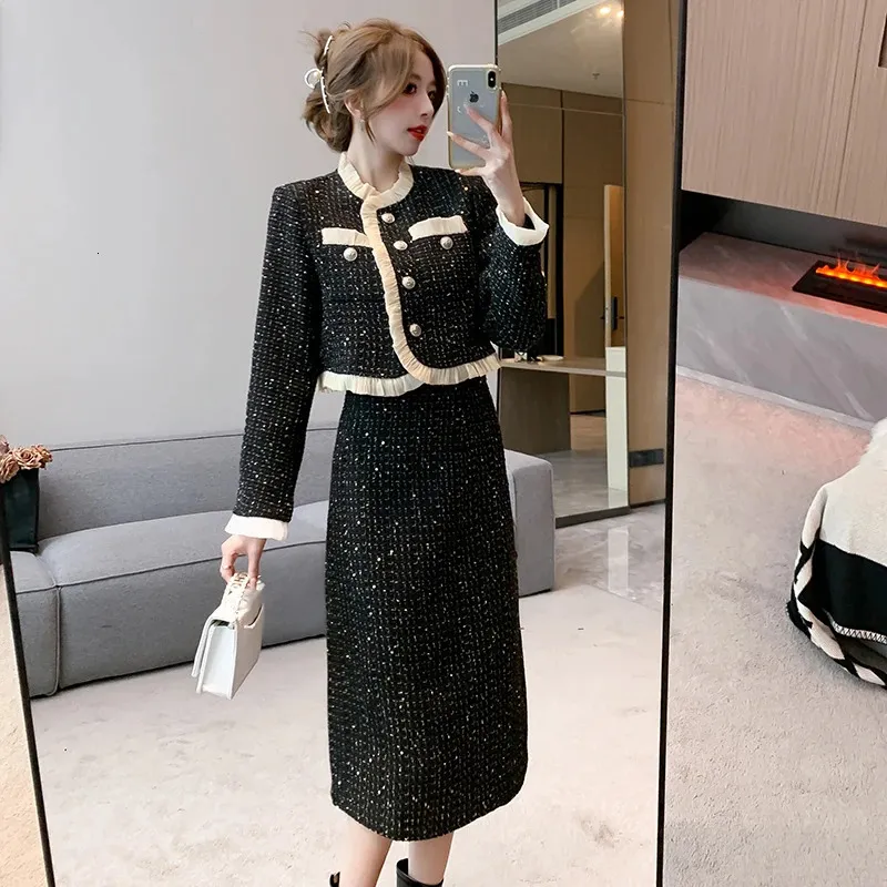 Elegant Tweed Skirt Suit Set: Premium Quality Short Jacket & Long