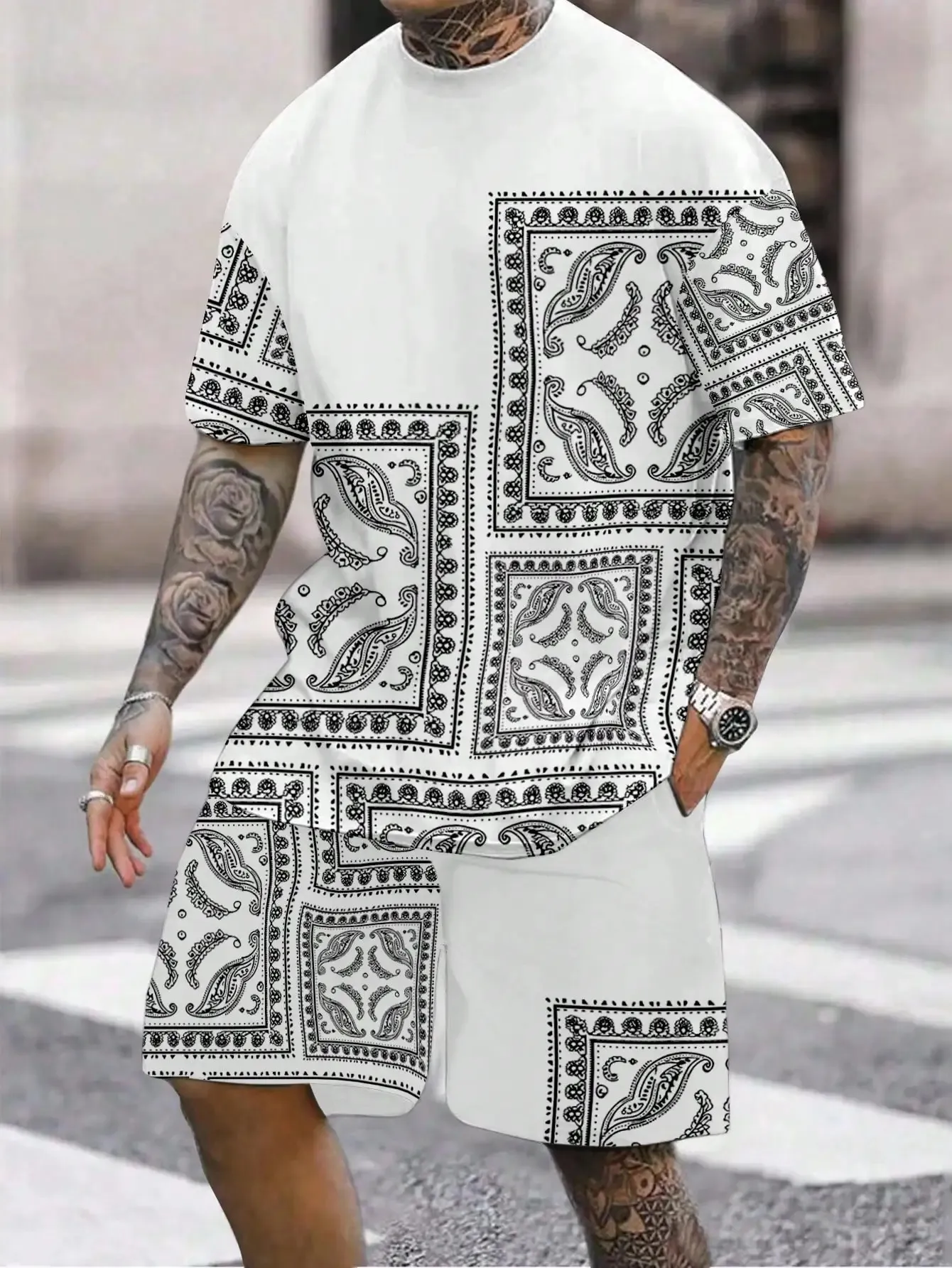 RoseSeek Men's 2 Piece Summer Outfits Paisley Boho Short