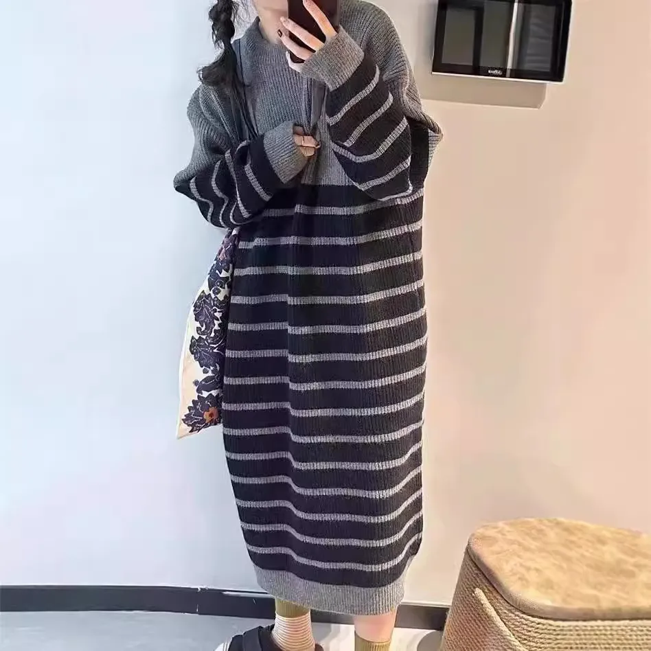 Korean Striped Knitted Woolen dress - Loose Fit, Mid-to-Long Knee Length, Round Neck, Perfect for Autumn and Winter, Lazy Style Korean Striped Knitted Woolen dress - Loose Fit, Mid-to-Long Knee Length, Round Neck, Perfect for Autumn and Winter, Lazy Style
