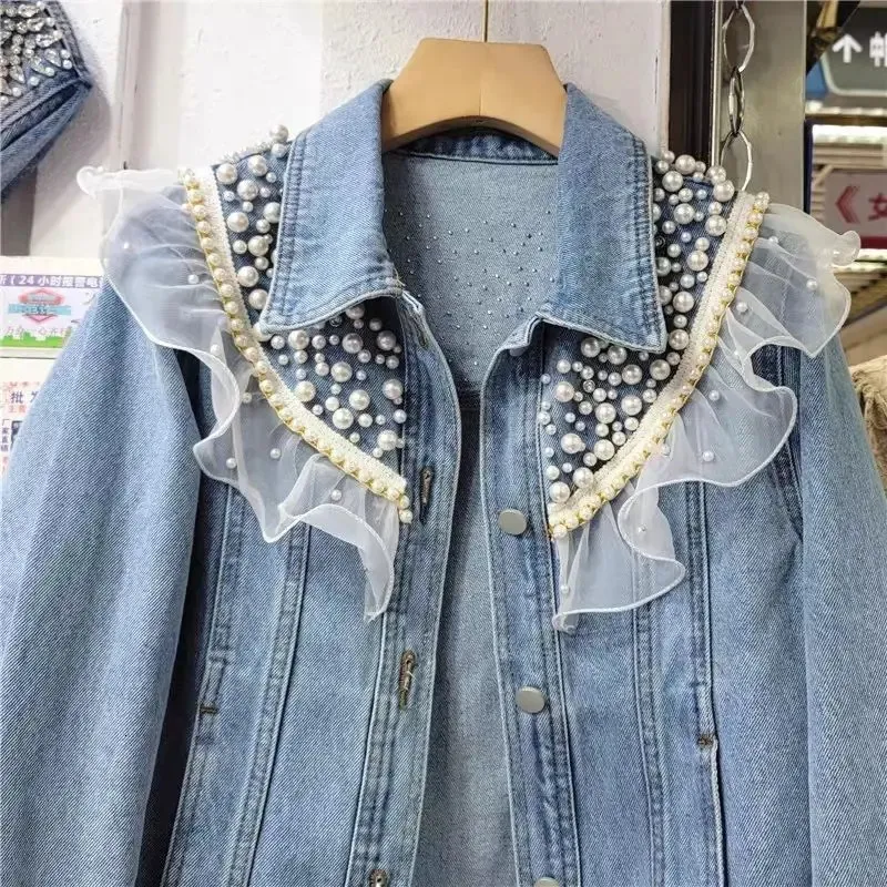 Korean Style Heavy Industrial Pearl Lace Denim Ladies Denim Jacket 