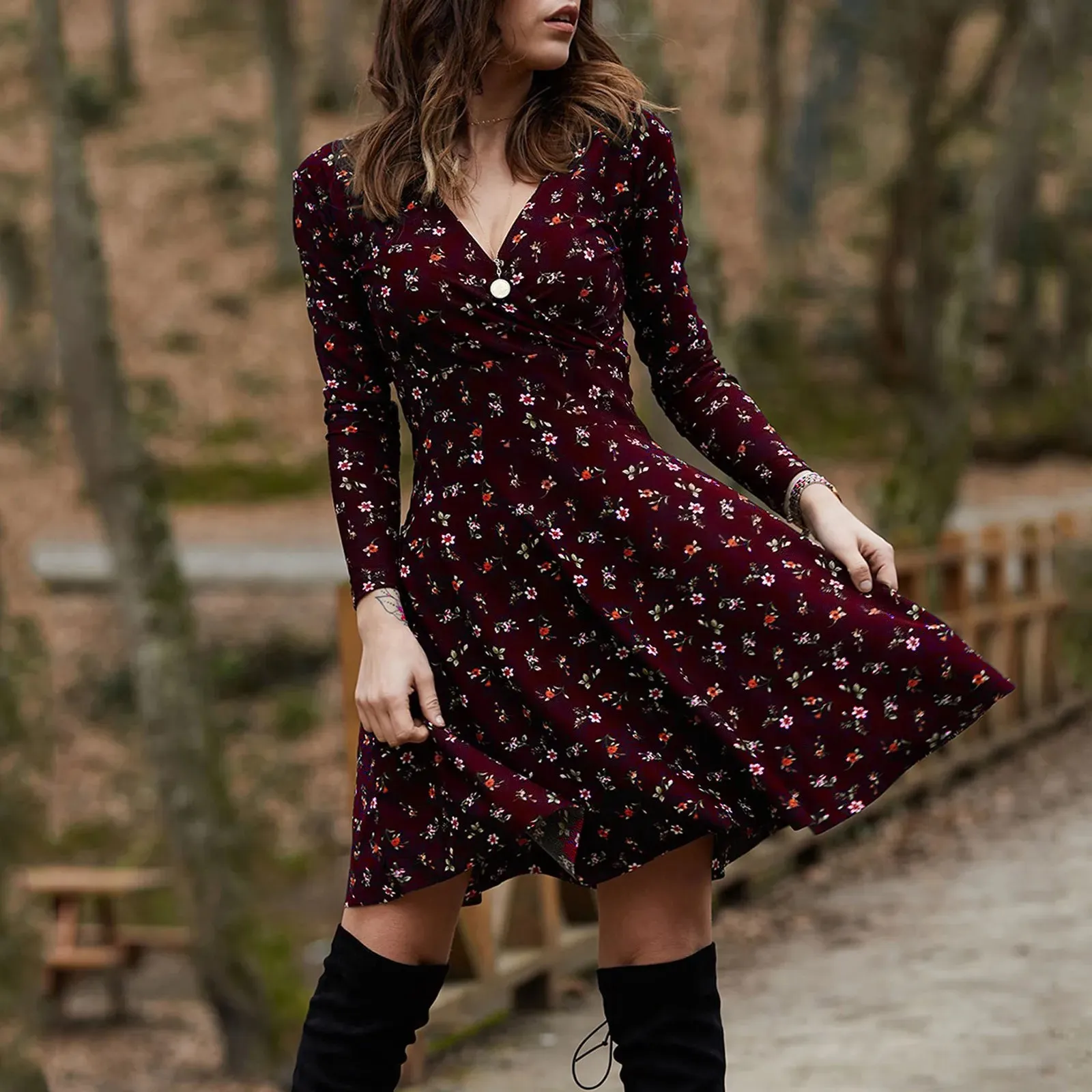 knee length dresses for ladies Long Sleeve Stand Collar Retro Jacquard Satin Swing Dress- Pilar L [53-57kg] / Pink Gold main image 1