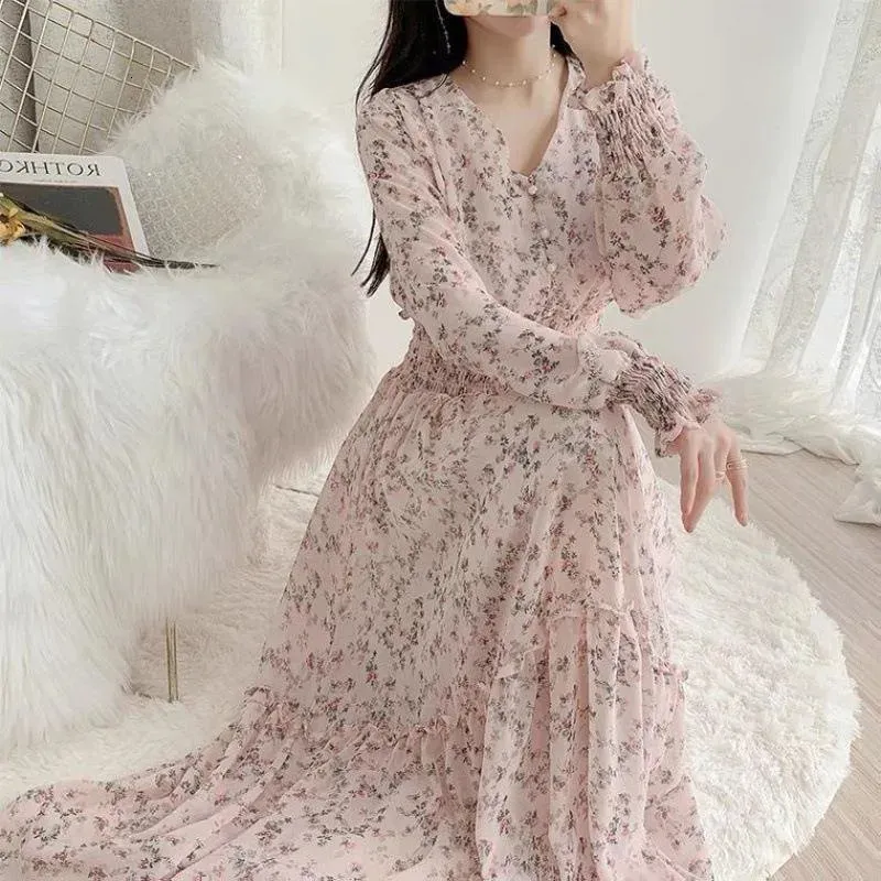Floral Print Chiffon Dress Floor-Length Pullover Short Sleeve Natural Fiber  Women's Dress from Dhgate Basic & Casual Dresses - price 29.63