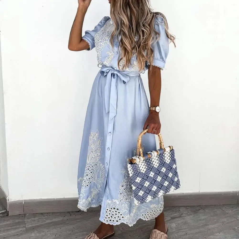Elegant Embroidered Women Maxi Dress Chic Lapel Long Sleeve High Waist Lace Up Dresses Fashion Female Solid Vestidos 240809