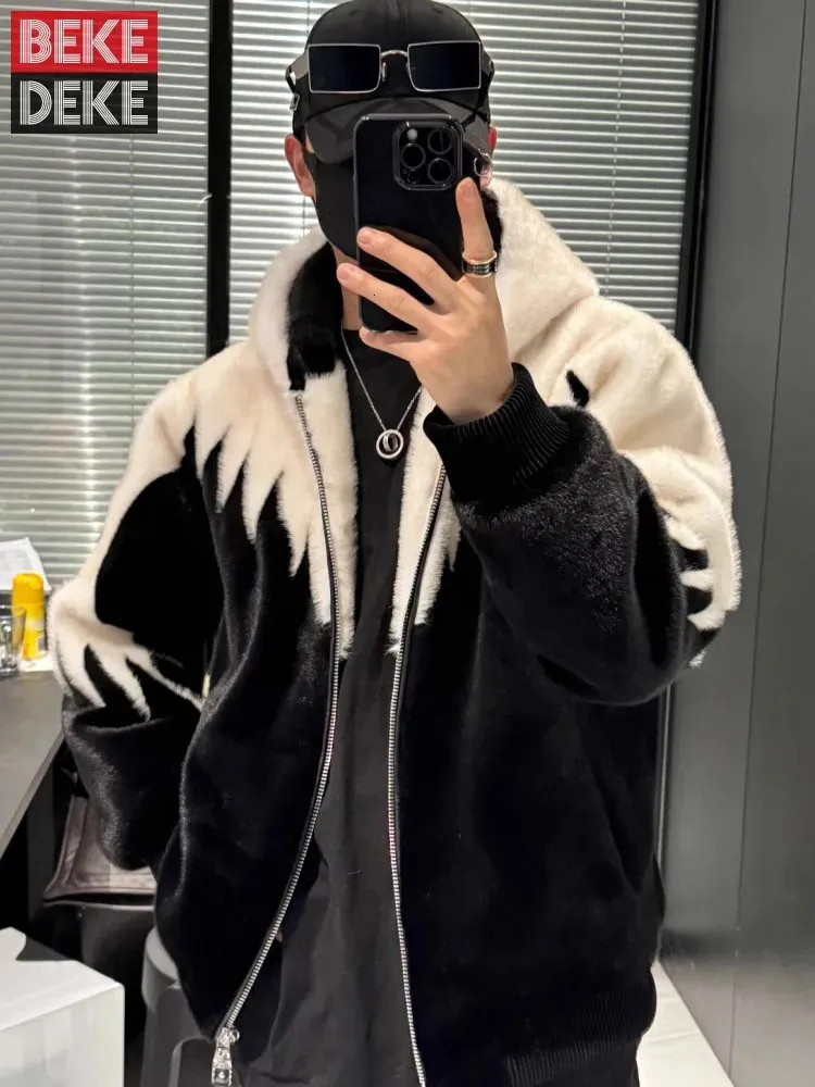 Winter Faux Fur Mens Hooded Jacket Zipper Closure Thick Warm Fur