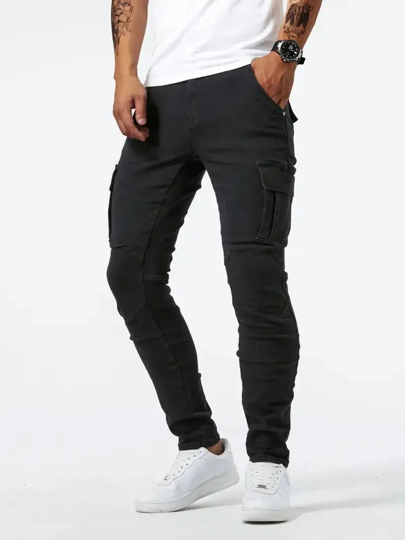 Men\u0026#039;s Solid Color Denim Cargo baggy jeans with Multi-Pockets - Slim  Fit Mid-Waist Trousers for Daily Wear and Casual Wear 240808