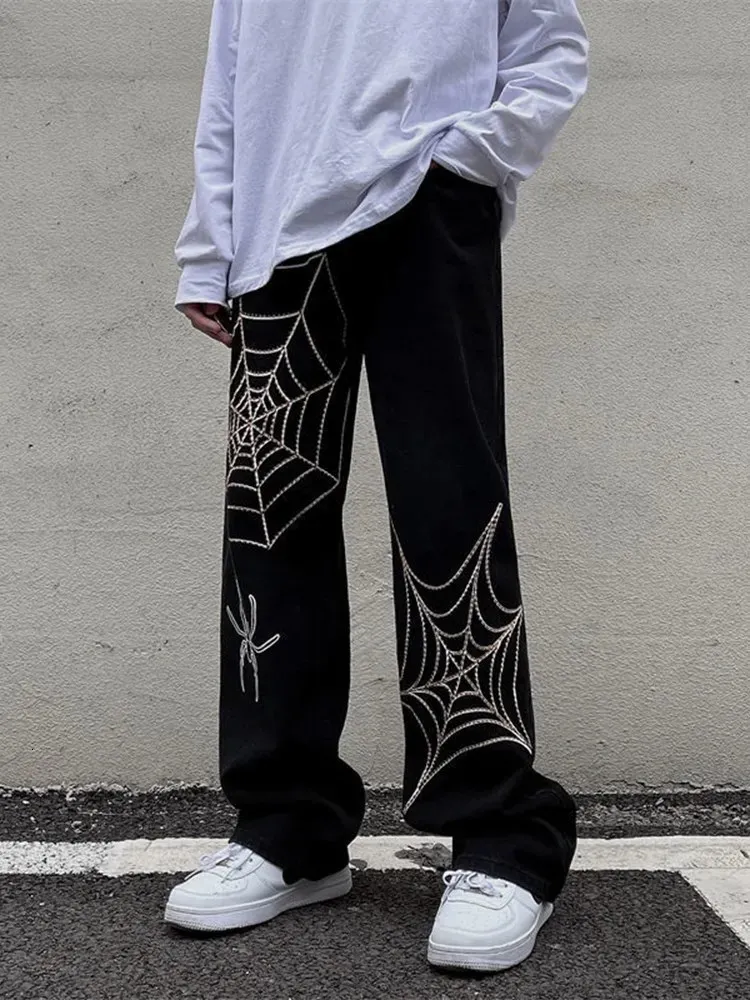 Wide Leg Goth Pants Acetate Capris with Spider Web Print for