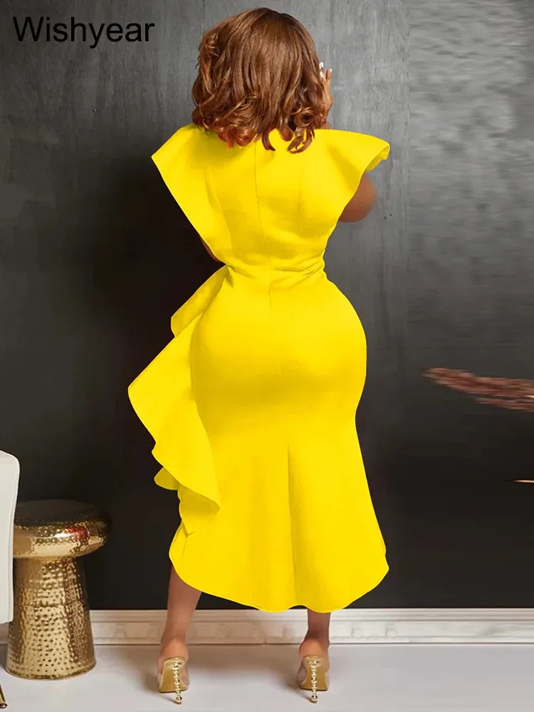 Flare Bodycon Midi office dress for women with High Side Split and Ruffles - Perfect for Autumn, Weddings, Parties, and Birthdays - Elegant and Sexy