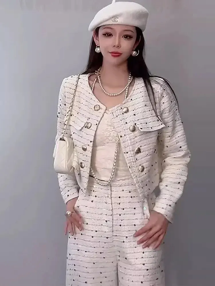Womens Tweed Pants Set with Double Breasted Short Jacket and High