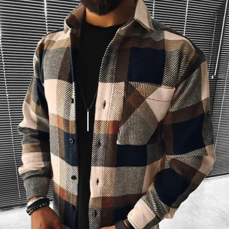Mens Blue Check Long Sleeve Shirt Jacket - Casual Lapel Coat