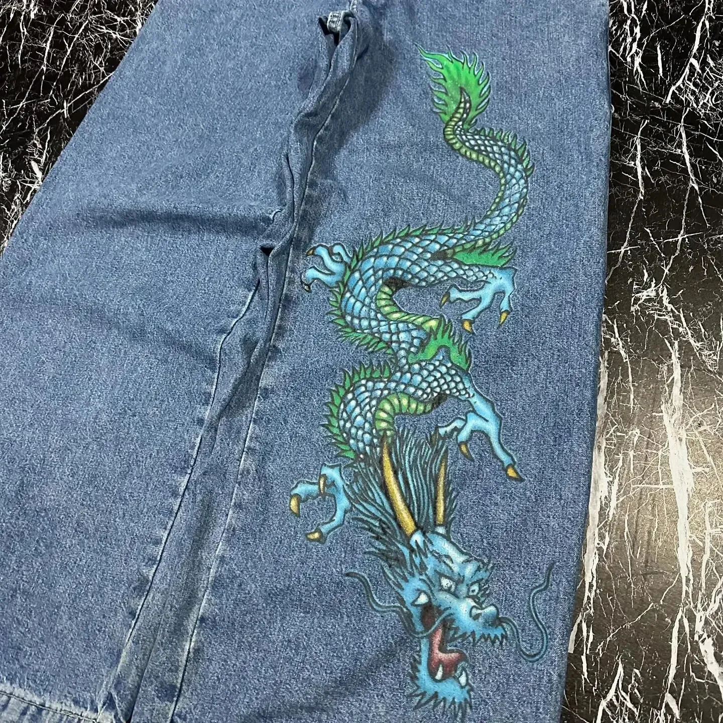 パンツ 2000's archive dragon grunge denim pants Women Black Gothic Dragon Print Jeans Baggy Vintage Aesthetic