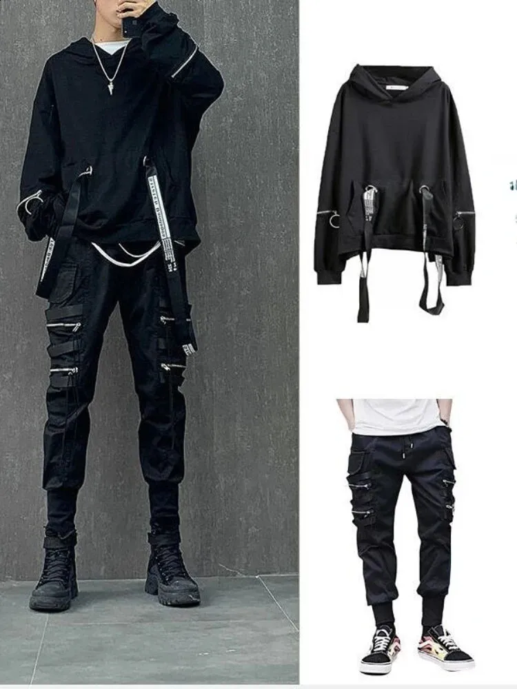 Mens Black Hoodie And Sweatpants Set Punk Graphic From