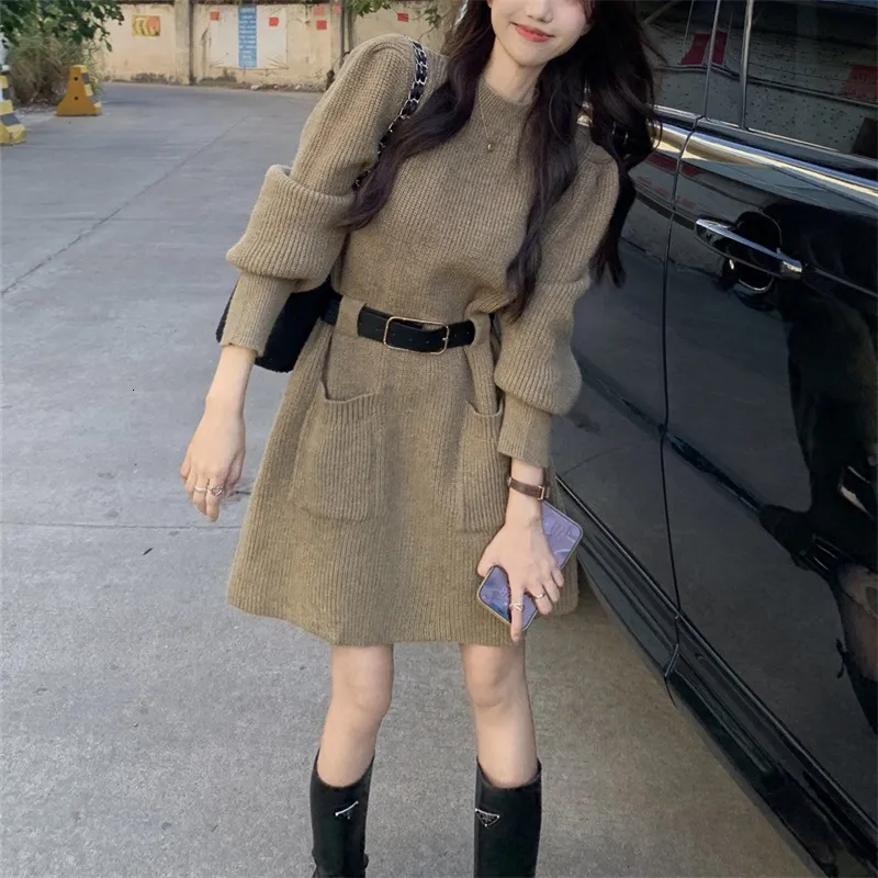 Knitted Sweater Dress for Women - Waist Cinching Slim Fit, Soft Mid-Length with Double Pockets - Korean Style Autumn Winter Knitted Sweater Dress for Women - Waist Cinching Slim Fit, Soft Mid-Length with Double Pockets - Korean Style Autumn Winter